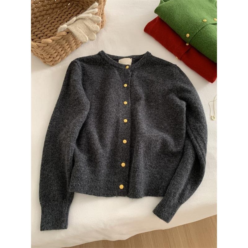 White raspberry powder small gold button knitted cardigan women's autumn and winter soft waxy thickened warm crew neck sweater jacket
