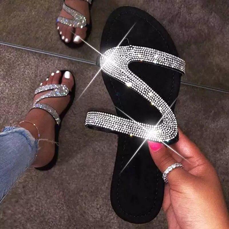 Spring and summer new large size flat toe cool slippers female sweet rhinestones, beach slippers