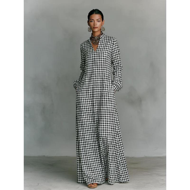 Womens Plaid Shirt Dress V-Neck Button Button Split Asymmetric Hem Checkered Maxi Dress with Pockets S темно-серого