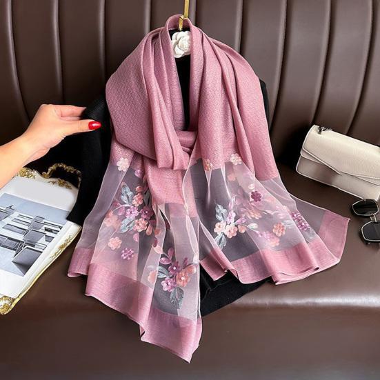 Faux Silk Scarf with Beading Embroidered Crabapple Flower Design Women Versatile Shawl Comfortable Imitation Silk Scarf