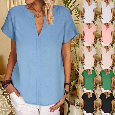 Women's Casual Daily Versatile Short Sleeved Cotton Linen V-neck Shirts