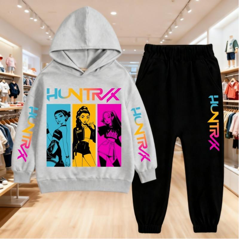 KPop Demon Hunters Printing Hoodies Sets Kids Clothes Children Hoodie+pants Suitable 3-12 Years Boys Girls Pink Black Sweatshirt