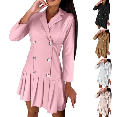 Women's Fashion Long Sleeve Solid Colour Button V-Neck Slim Pleated Career Dresses