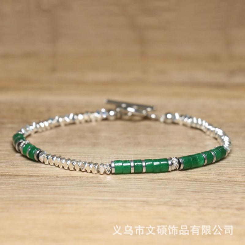 

Green Jade Tube & Silver Bead Bracelet – Toggle Clasp Dainty Jewelry, Prosperity Calm Gift for Women зелёный