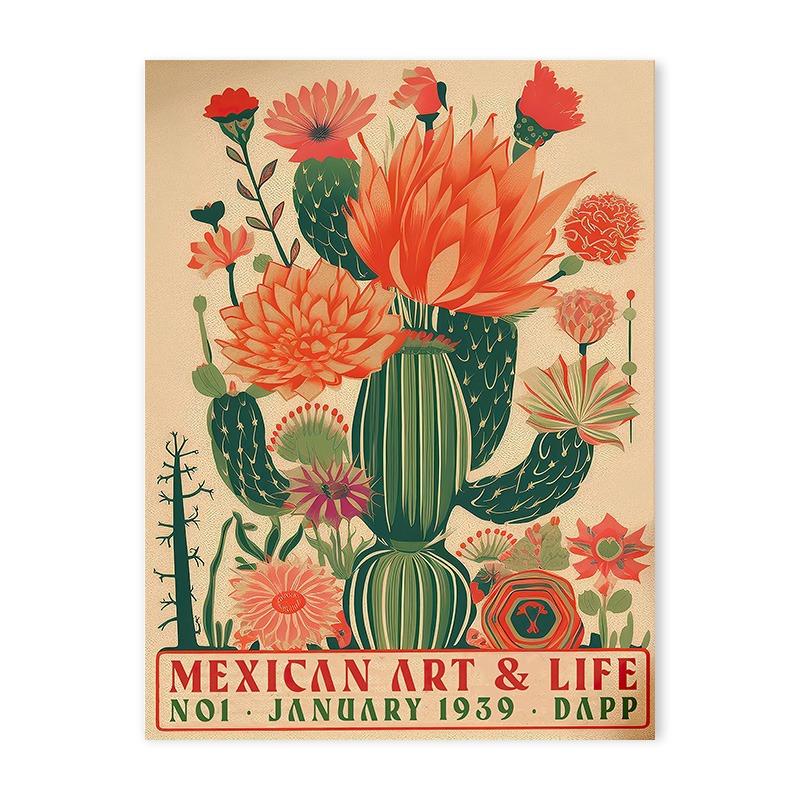 

Винтажные мексиканские плакаты с кактусами Принт Красочный цветочный эстетический арт Холст Картина для современной гостиной Коридор Настенный декор 21cm×30cm NoFrame