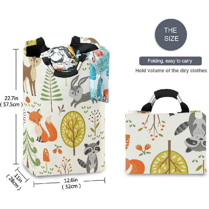 Laundry Hamper Bucket Cute Woodland Animals Trees Mushrooms Berries Collapses Laundry Basket Washing Bin for Home Organizer Nursery Storage Baby