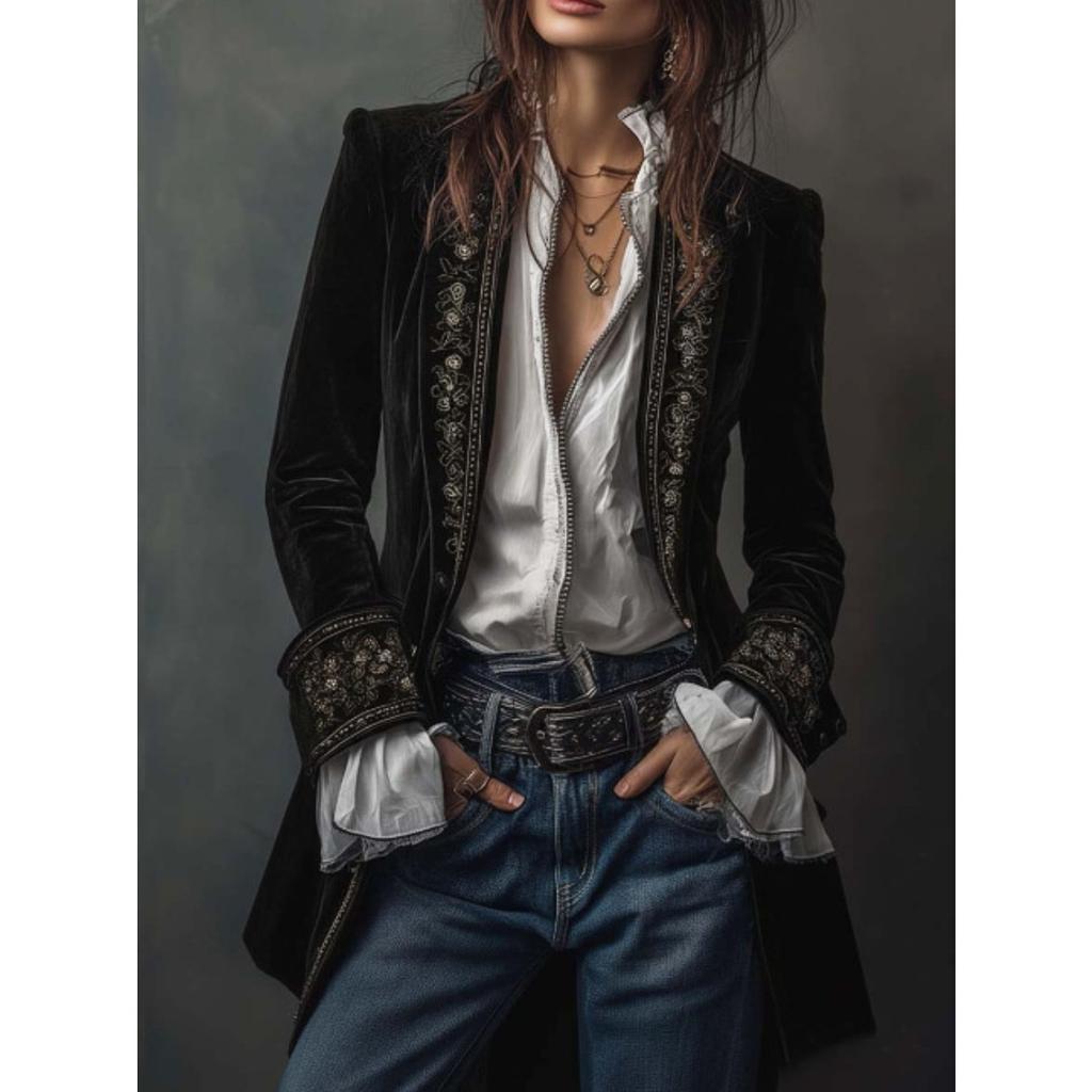 Women Embroidered Velvet Blazer Long Sleeve Open Front Cardigan Elegant Vintage Outerwear