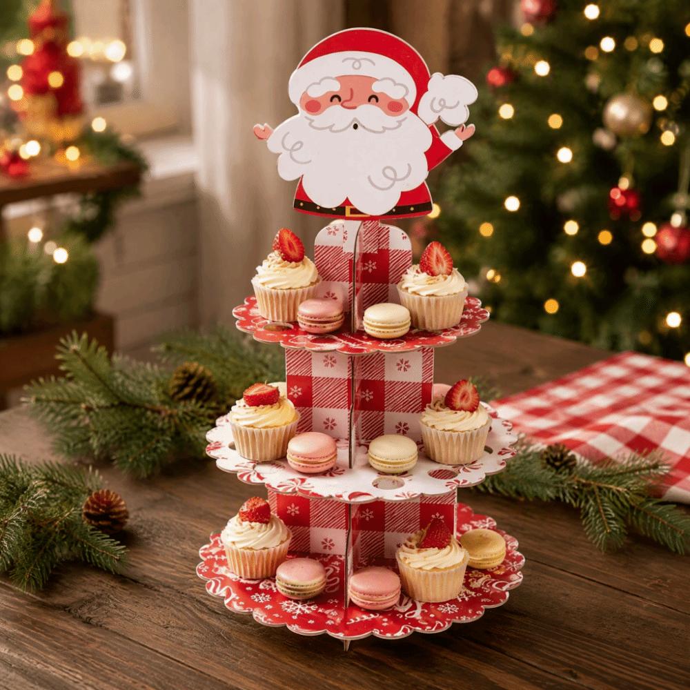 Round Santa Claus Cupcake Stand 3 Tier Cake Display Rack Christmas Party Supplies