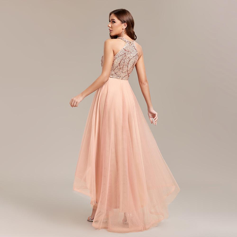 GMXIA Industry Halter Sequin Patchwork Multilayer Mesh Sleeveless Shaggy Skirt Ball Gown