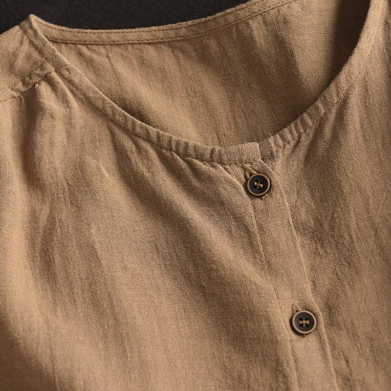 Johnature Women Vintage Shirts Tops Summer O-Neck Short Sleeve Blouses Solid Color Button Female Shirts