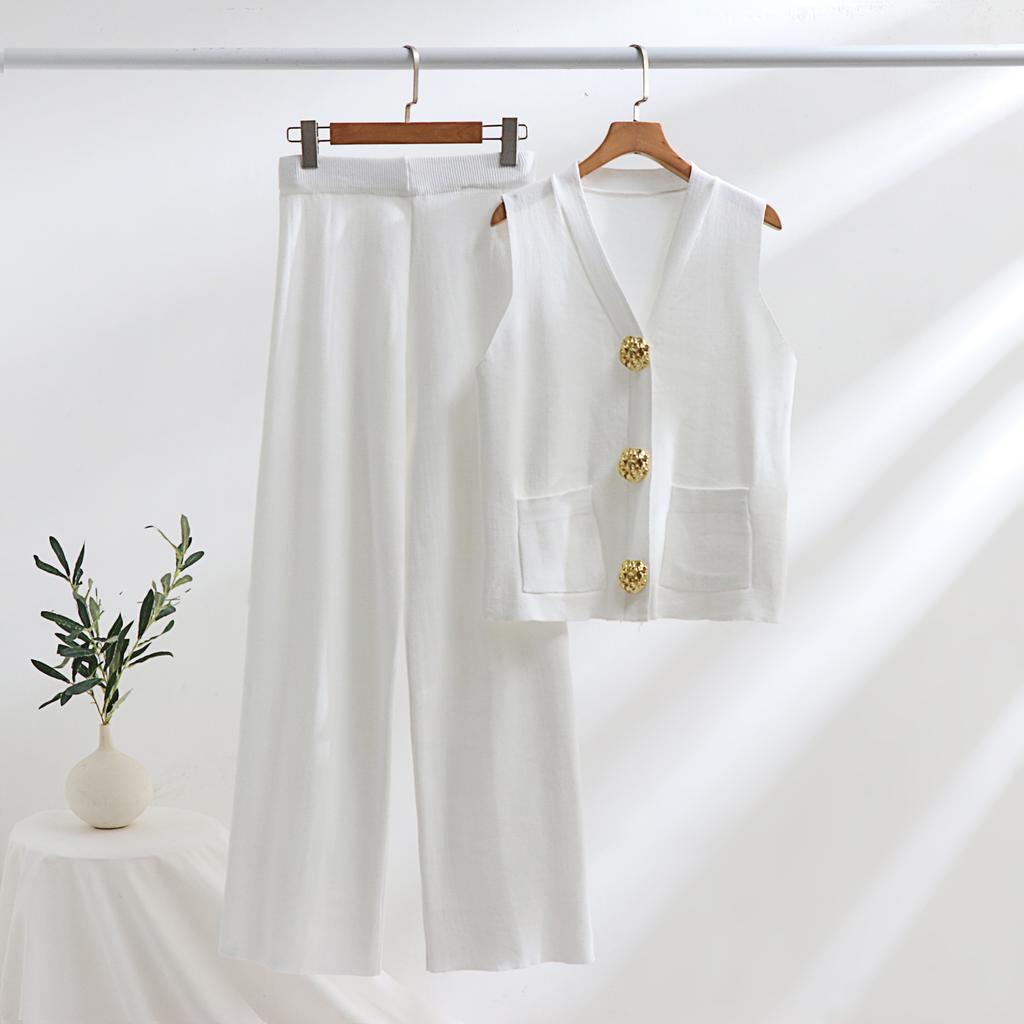 Gold Button V-neck Knitted Vest Casual Loose Trousers Knitted Two-piece Women's Suit