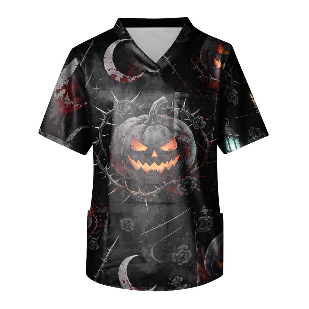 Camisa de Uniforme de Trabajo para Hombre de Manga Corta con Estampado de Halloween