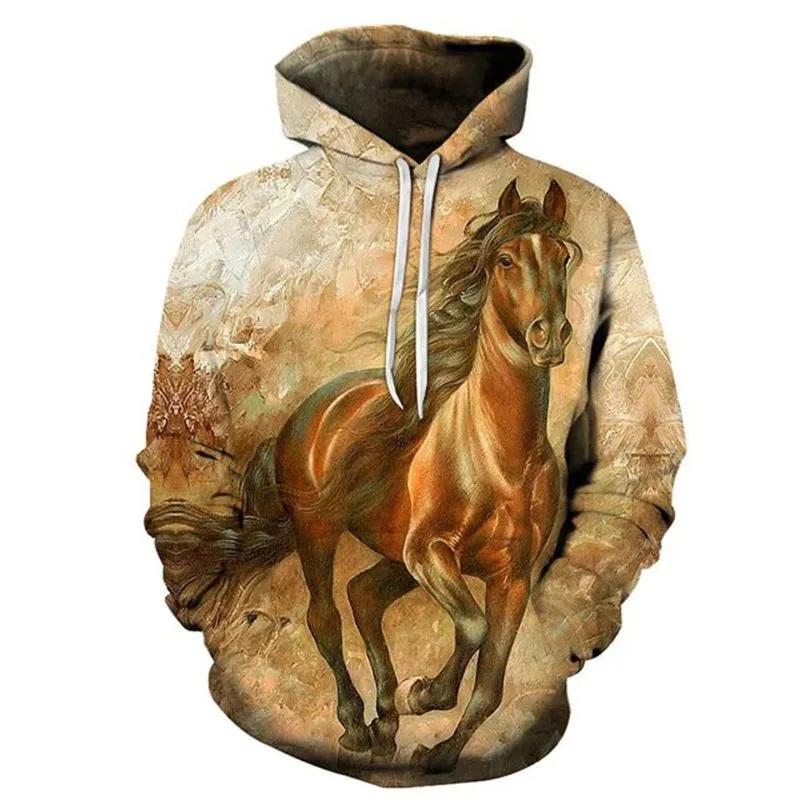 Autumn 3D Horse Pattern Printed Hoodies Fashionable Casual Sports Long Sleeved Men's Hooded Sweatshirts