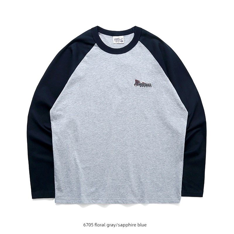 Retro Patchwork Kleurblokken Puur Katoen Geborduurd T-shirt met Lange Mouwen voor Mannen, Basis Shirt voor Lente en Herfst, Buitenlandse Handel Mannenkleding