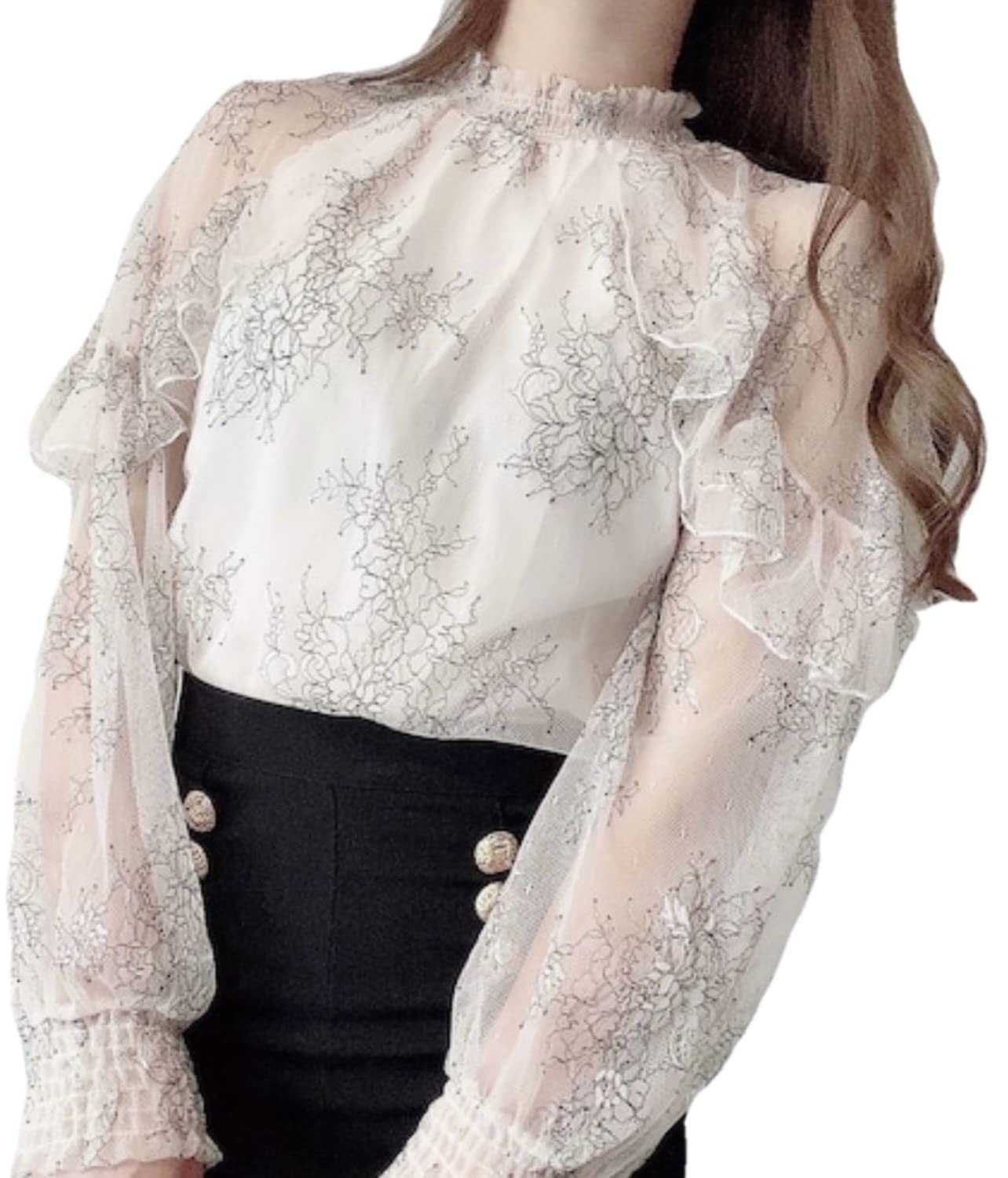 

Топ с оборками на плечах, кружевной, цветочный, прозрачный, с оборками, офисный, корейская мода [KOREARU], Топ, Женский топ, Блузка, Принт, Рубашка, Блузка, Блузка, Топ, белый