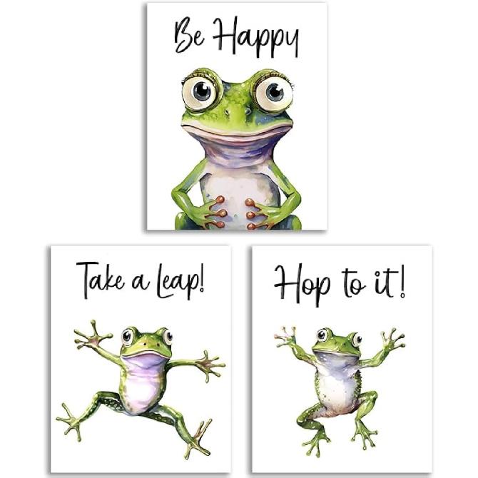 GMLXCX Funny Frog Bathroom Decor Wall Art, Cute Frog Sitting on Toilet Decor Art Poster, Funny Bathroom Sign Canvas Print Set of 3 (8''x10'',
