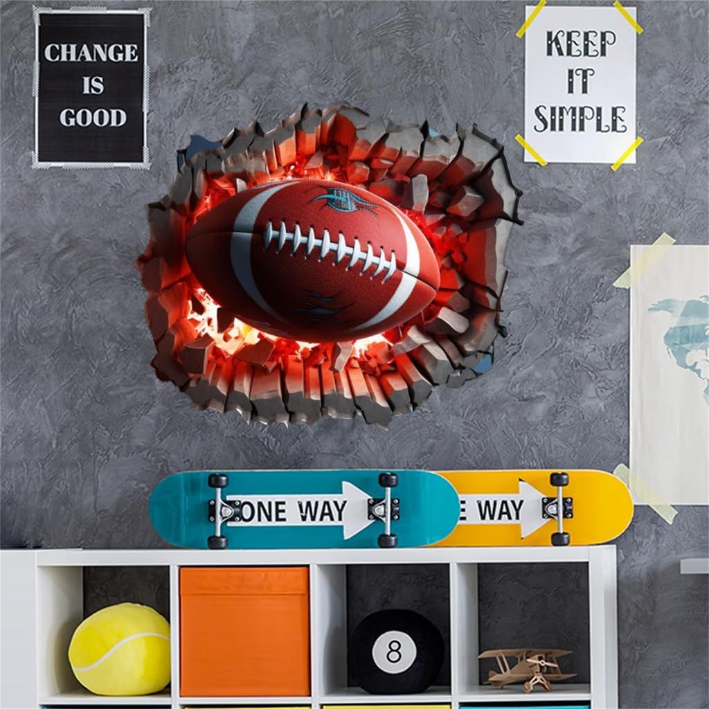 3D Football Wall Decal Rugby Break Through Wall Stickers Peel And Stick For Man Cave Teen Kids Boys Bedroom Playroom Game Rooms Decor Sport Wall