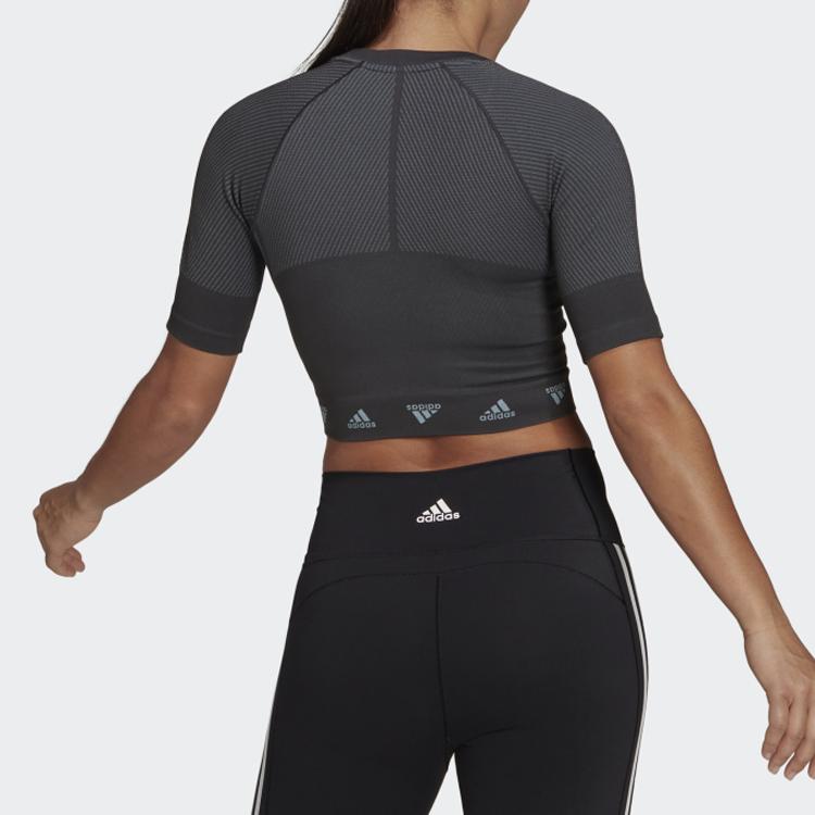 Adidas Wtr Aeroknit T Logo Hemmed Short Sleeve Fitness Top Women Tops Black HD9566