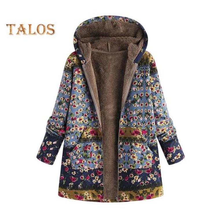 Women Winter Coat Retro Floral Print Zip Up Hooded Jacket Mid Length Plush Thick Warm Pockets Long Sleeves Daily Leisure Wear