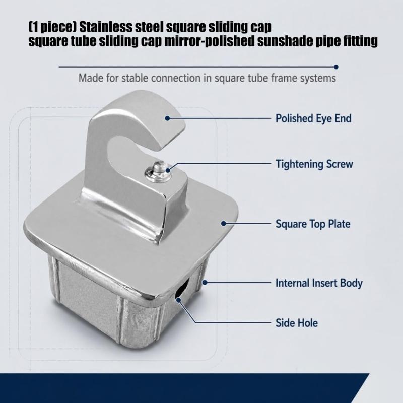 Internal Eye End Bimini Top Fitting Square Tube Awning Hardware Fitting in Polished Stainless Steel, Slide Cap Insert Part for Shade Frame Repair and