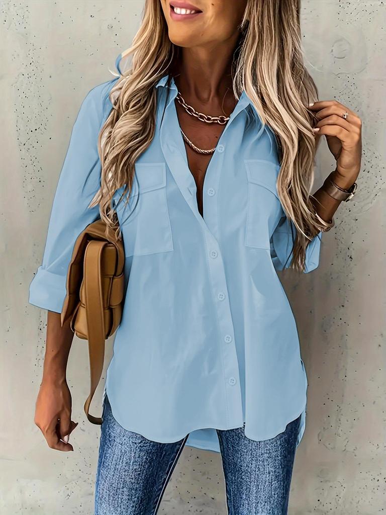 Summer Button Front Long Sleeve Shirt Casual Solid Office Shirt With Collar Loose Shirt White Tops Office Lady Blouses