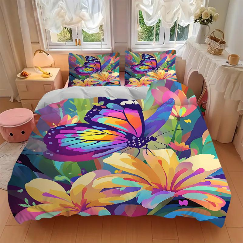 3Pcs Colorful Butterfly Garden Bedding Set Soft Fabric Duvet Cover Pillowcases Home Christmas Xmas Halloween Gift 1 Duvet Cover 2 Pillowcase Eg13