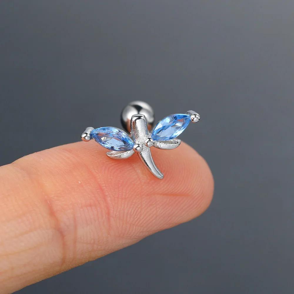 Zircon piercing piercing bone nails Butterfly flower earrings Titanium steel screws screw stud earrings Zircon