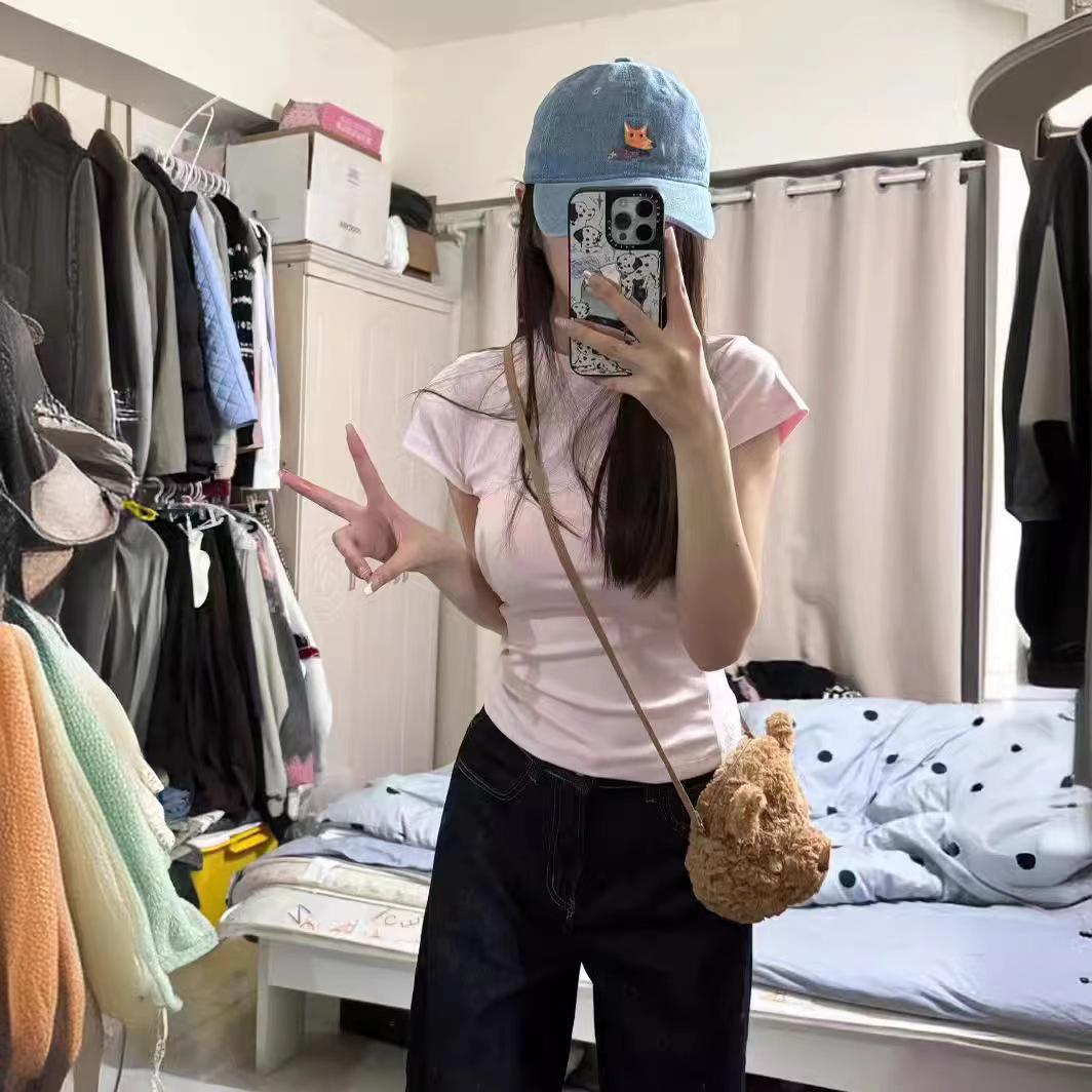 

Женская 2024 Американская черная приталенная футболка с коротким рукавом - Однотонная, эластичная, летний стиль S (below 100 lbs recommended)