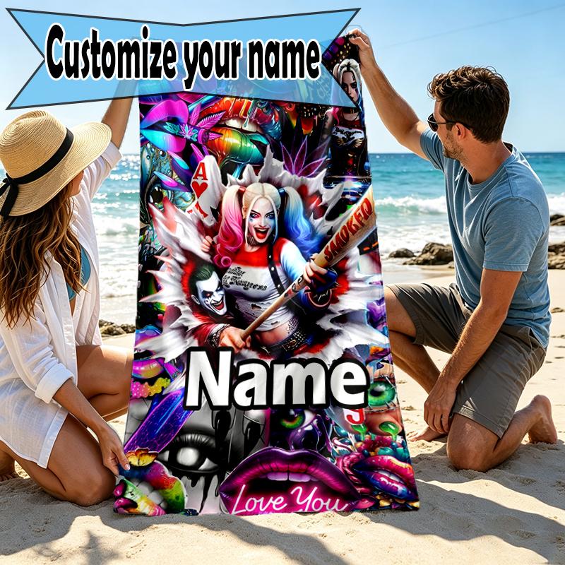 Custom Name Personalized Harley Quinn Joker Print Beach Towel, for Trip Camping Beach Party Home Decor, Birthday Gift for Family & Friends