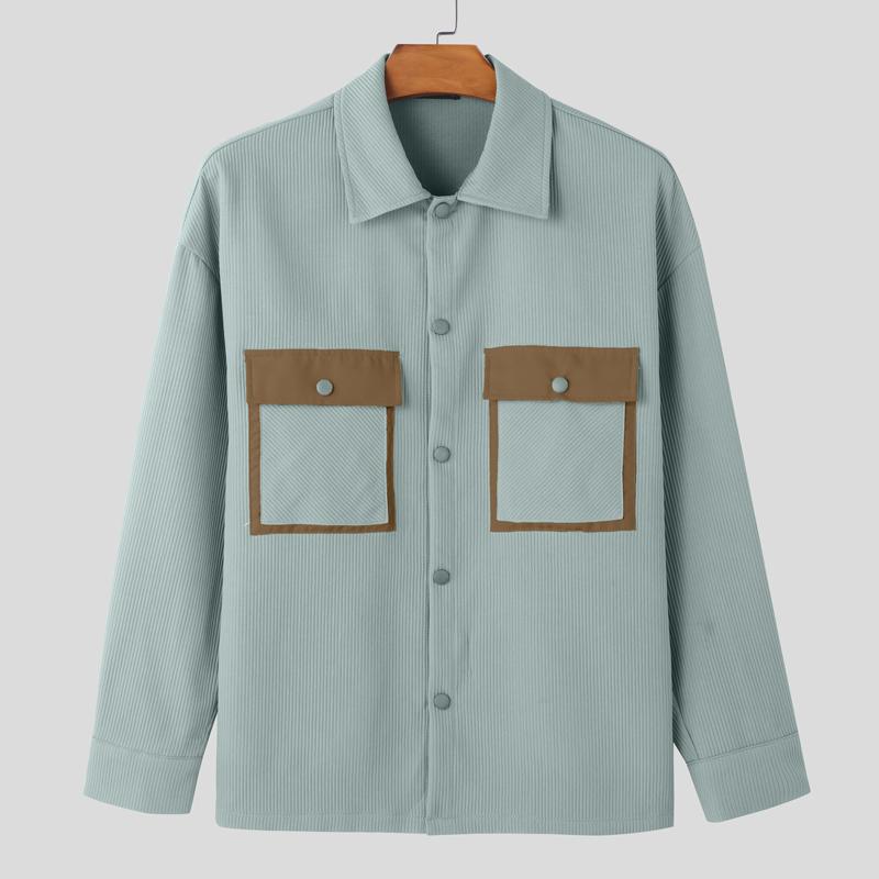 INCERUN Oversized Spring Men Long Sleeve Lapel Patchwork Buttons Up Texture Shirts