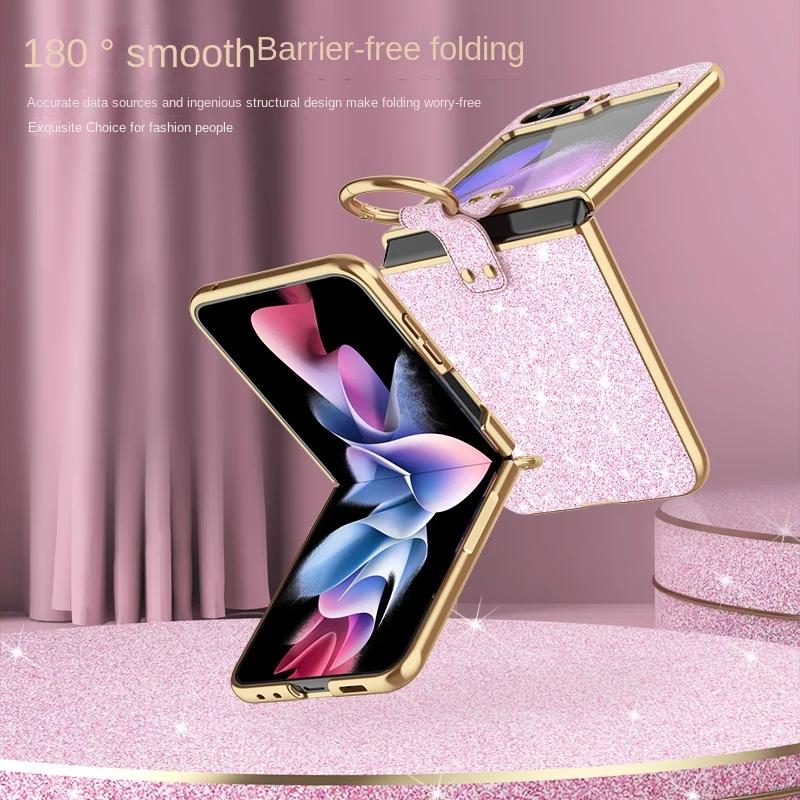 Luxury Plating Bling Glitter Ring Holder Phone Case For Samsung Galaxy Z Flip 6 5 4 Flip6 Flip5 Flip4 Flip3 Hard Plastic Cover