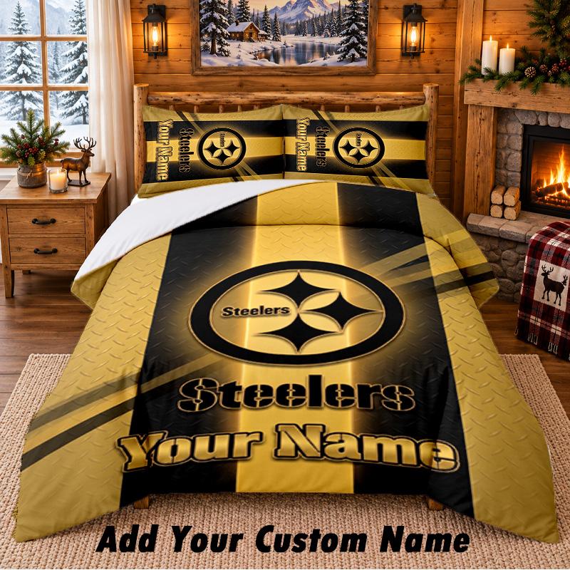 Ensemble de literie 3 pièces motif Pittsburgh Steelers avec nom personnalisé, drap de lit et taies d'oreiller pour la chambre à coucher de la maison