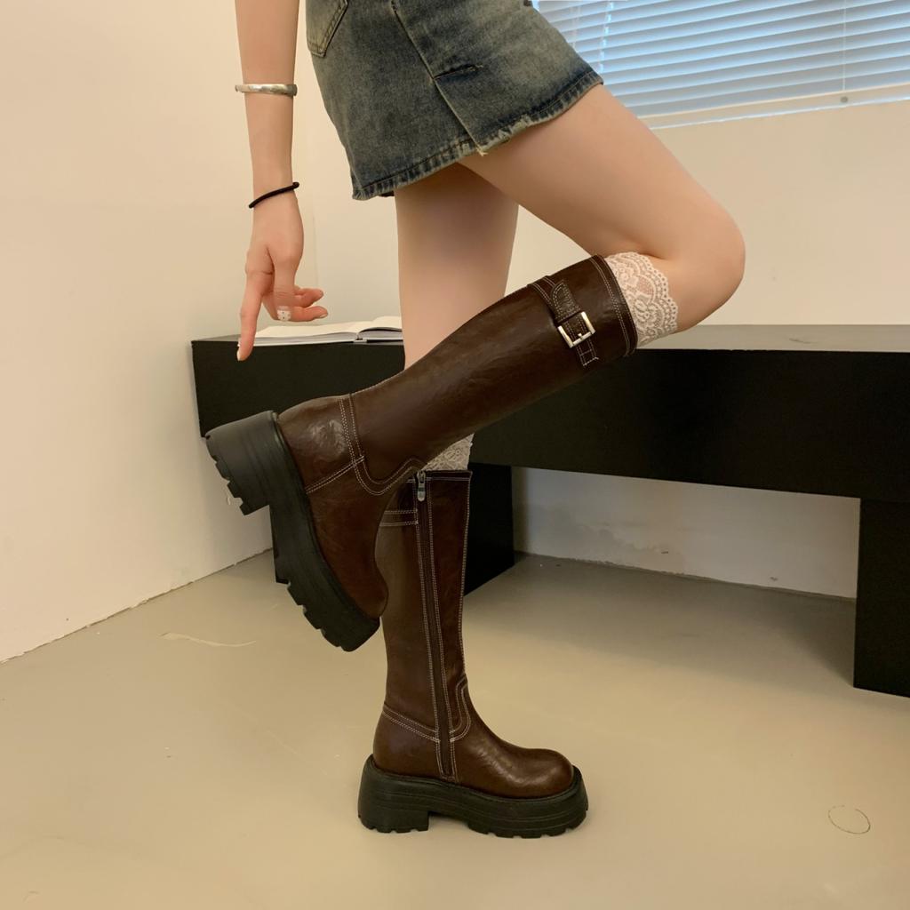 Fashion Vintage Platform Thick Heel Women Knee High Boots Fashion Ladies Belt Buckle Knight Long Booties botas de inverno feminina