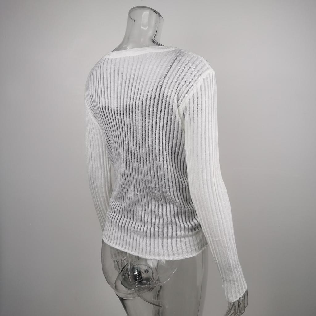 Neck Sleevewhite Long Round Women Elegant Striped See Through Outfits Tshirts Tees Skinny Club Tops
