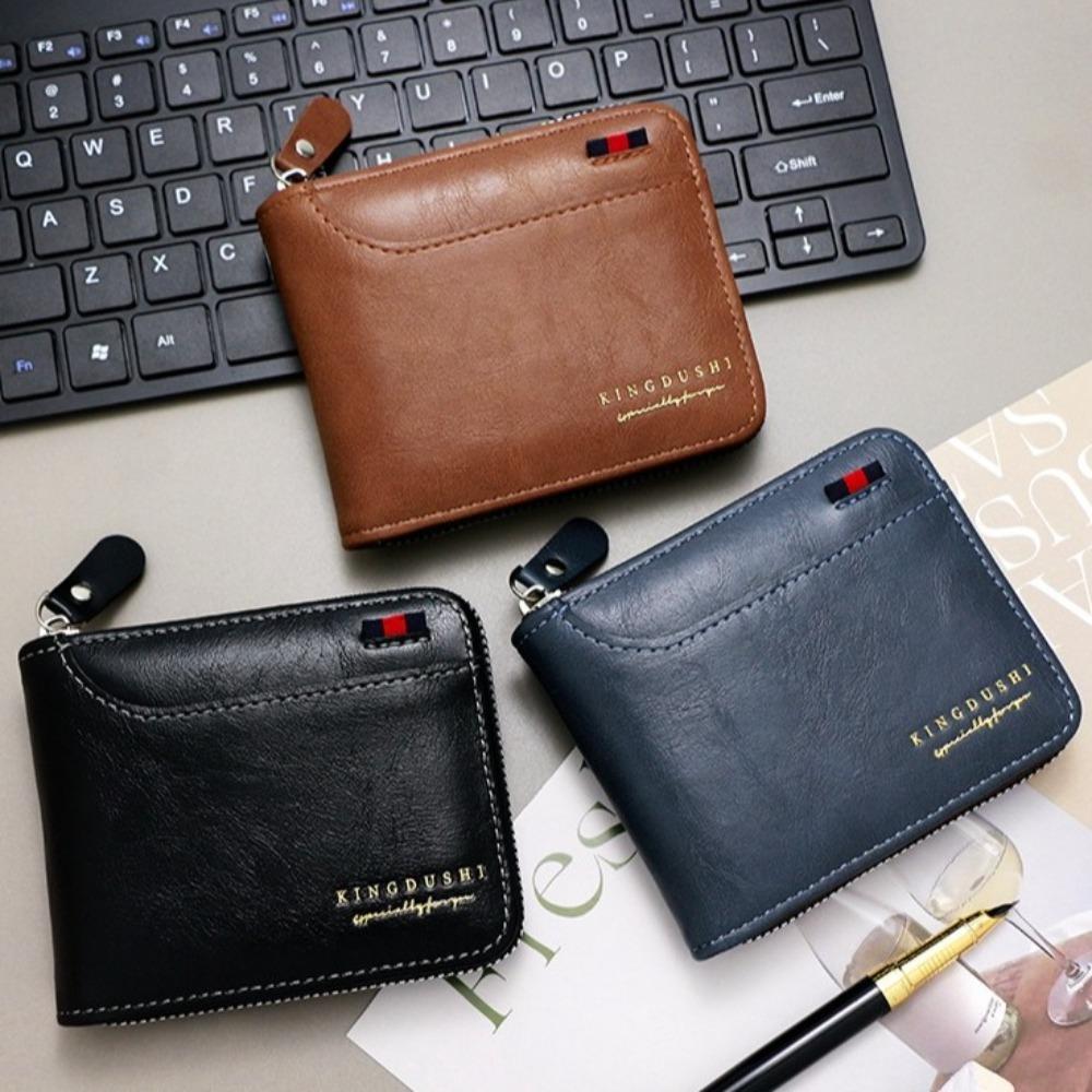 

Multifunctional Men s Short Wallet Zipper Business Card Holder Retro Male Coin Purse Man синій