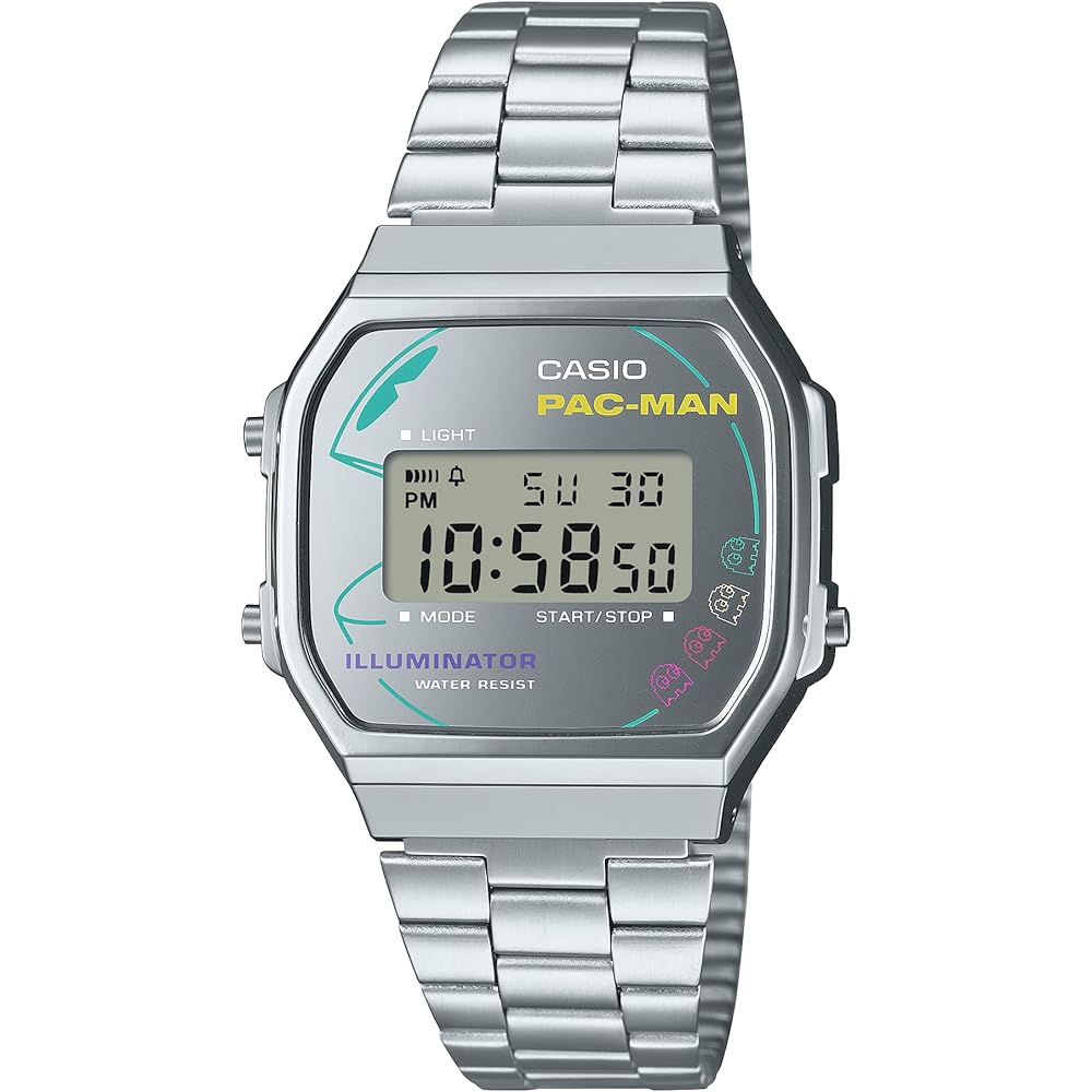 Casio Vintage PAC-Man Collaboration Digital Watch A168WEPC-7A Silver Bracelet