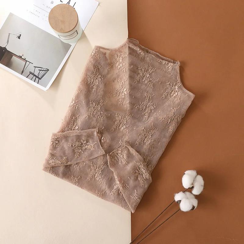 Spring and Autumn Women Floral Lace Shirt  Long Sleeve Sexy Mesh Bottoming Shirts Mock Neck Blouse T-Shirt Pullover Top