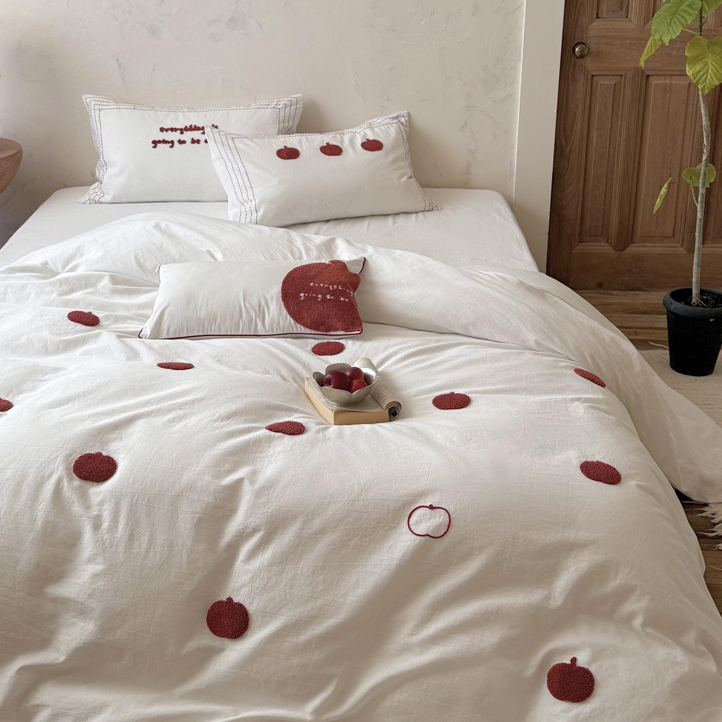 Spring/Summer Pure Cotton Yarn-Dyed Embroidered 4-Piece Bedding Set - Soft & Skin-Friendly 0.9m Flat Sheet 3PC Set (Duvet Cover 150*200cm)