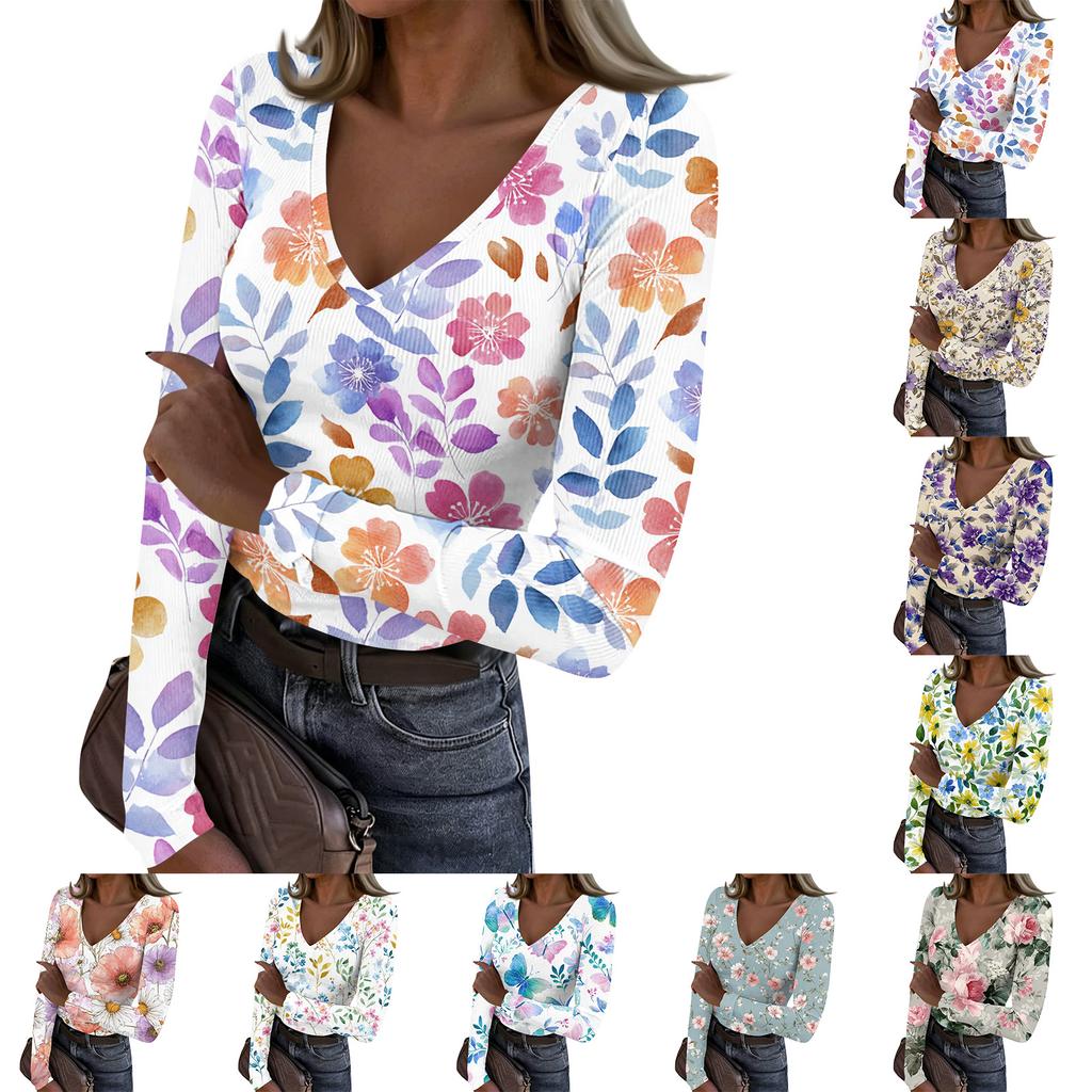 Women's Casual V-Neck Floral Print Long Sleeve Ribbed Top for Everyday Wear