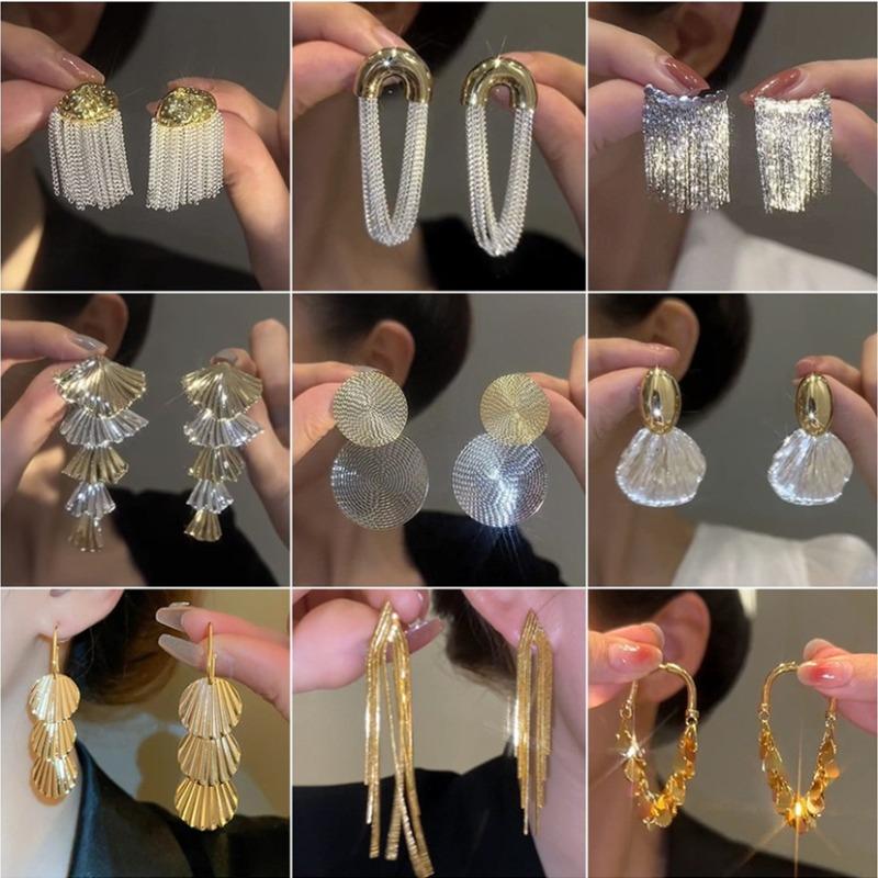 Tide Metal Fringed Earrings, High-end Temperament, Long Stud Earrings, Women's Exaggerated Earrings.