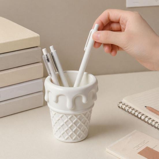 Nostalgie 3D Printed Ice Cream Cone Pen Holder, Waffle Base And Drip Top Desk Organizer, Multi-functional Pencil Cup for Pens, Marker, Makeup Brushes