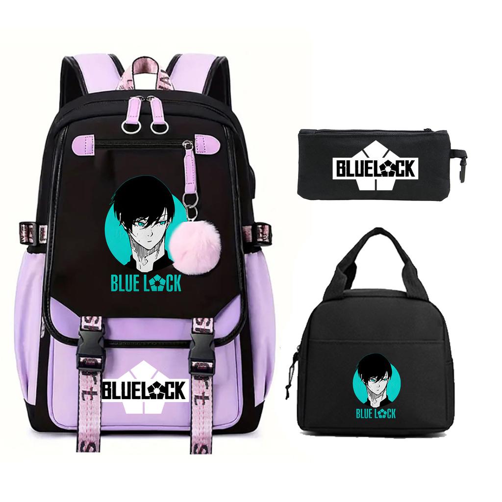 Blue Prison Student School Bag Children'S Meal Bag Casual Pencil Bag Three-Piece Set