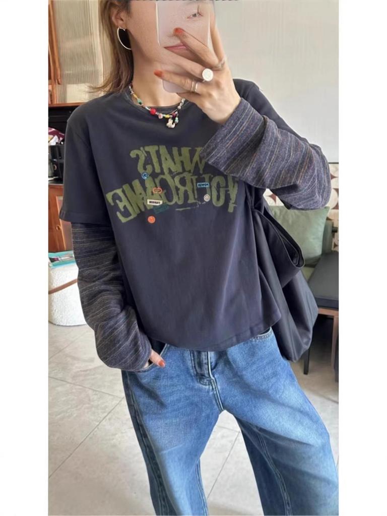 Korean Style Color Block Two-Piece Look Round Neck Long Sleeve T-Shirt for Women - Slimming, Loose Fit, Age-Reducing Spring Base Layer
