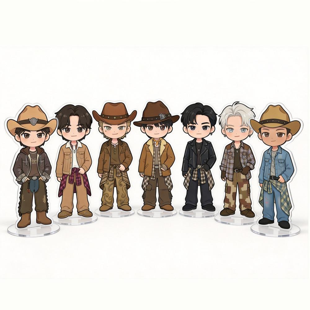 7pc Kpop ENHYPEN Member 6cm Acrylic Stand Cute Kawaii Western Cowboy Hat Chibi Figure Desktop Decoration Sign, ENGENE Merch Fans Collection Gift