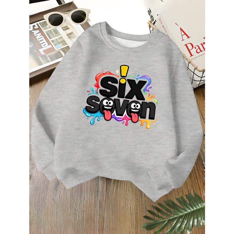Kids Unisex Crewneck Sweatshirt, Funny Cartoon Face Six Seven Letter Color Splash Print Soft Long Sleeve Pullover For Boys Girls Over 4 Years Old