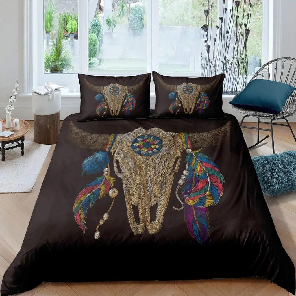 Cow Skull Duvet Cover Queen Sunflower Cattle/Bull Skeleton Bedding Set Botanical Floral Leaves Boho Tribal Polyester Quilt Cover