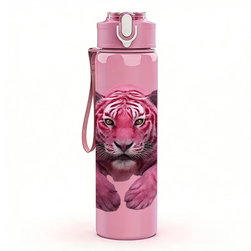 1PC Pink Panther Wild Cat Animal Pattern 750ml Color Plastic Sports Water Bottle Leakproof Flip Straw Lid Suitable for Sports Office Home Use
