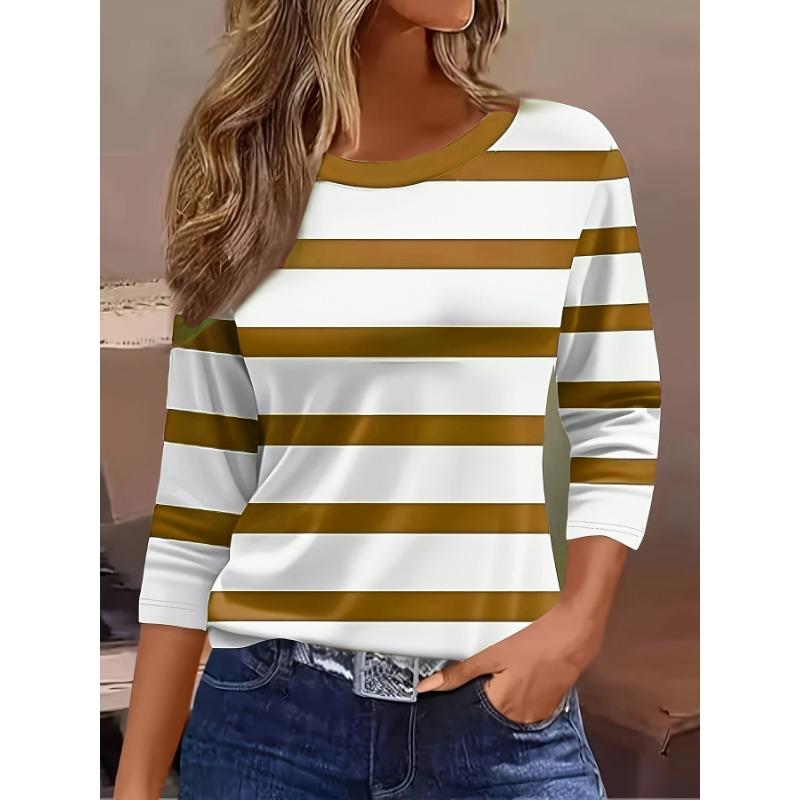 

Жіноча футболка 3D проста однотонна смугастий принт модна з довгим рукавом круглий виріз звичайний топ святковий вихідний весна та осінь M