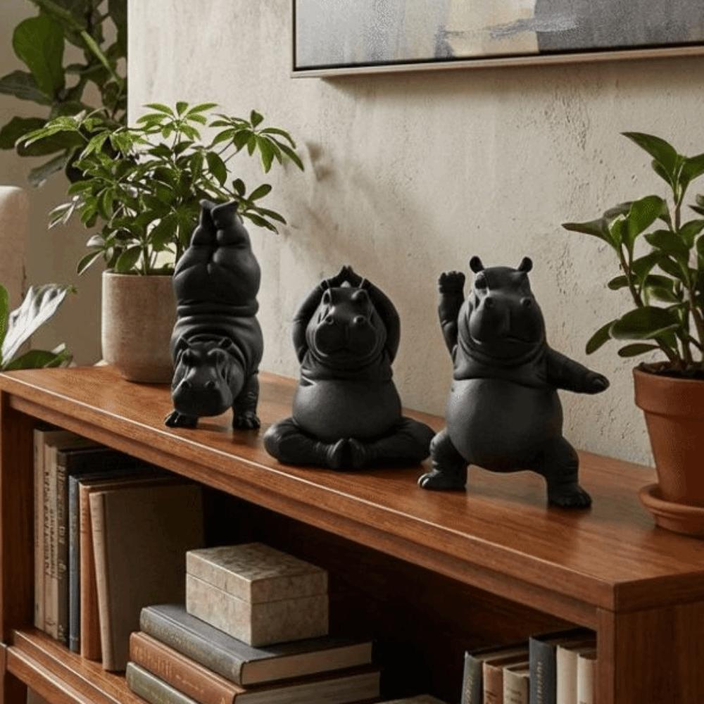 3Pcs Plastic Yoga Hippo Statue Art Crafts Decorative Hippo Sculpture Calm Animal Hippo Figurines Indoor Outdoor
