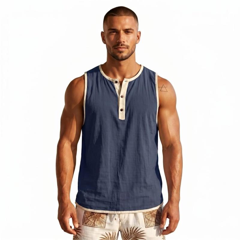 

Vintage Men s Linen Tank Top Summer Beach Sleeveless Henley Shirts Hippie Boho Solid Vest Casual Loose Breathable Tops Male Clothes 2026 S синий